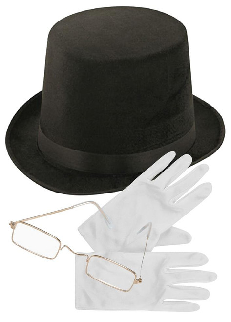 Adults Victorian Toff Dickensian Villain Halloween Fancy Dress Accessory Set [Hat Gloves & Glasses]