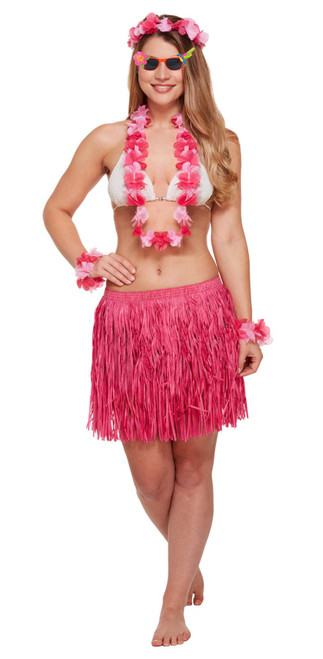 Adults 6 Piece Pink Hawaiian Set & Sunglasses Hula Aloha Fancy Dress Costume Accessory [One Size]