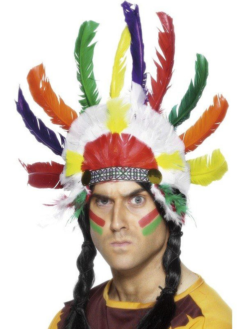 Indian Colored Feather Head Dress Headdress Fancy Dress