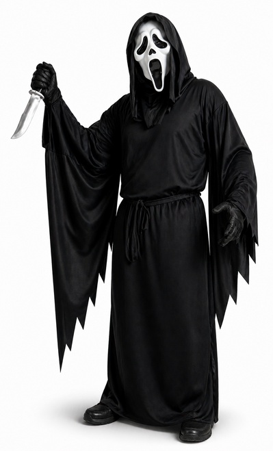Adults Scream Movie Ghost Face Robes Belt Gloves & Overhead Face Mask Halloween Fancy Dress Costume