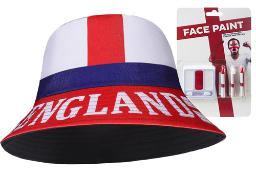 Adults England St George Cross Bucket Hat & Face Paints St Georges Day Supporters Headwear [One Size]