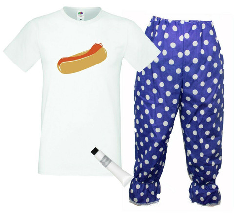 Adults Captain Spaulding 1000 Corpses Hot Dog T-Shirt & Full Length Blue Polka Dot Bloomers Halloween Horror Movie Fancy Dress