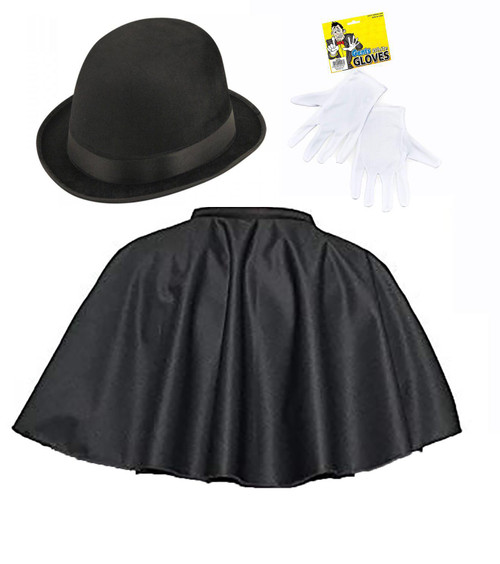 Adults Black Mantle Cape Bowler Hat & Gloves Victorian Gentry Fancy Dress Set [One Size]