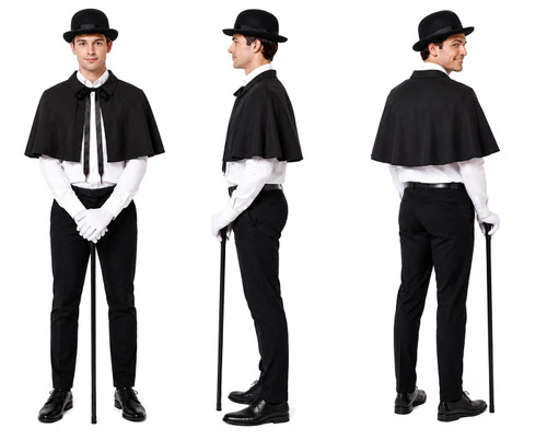 Adults Black Mantle Cape Bowler Hat & Gloves Victorian Gentry Fancy Dress Set [One Size]