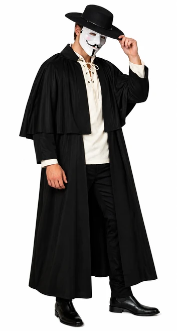 Adults Vendetta Old English Victorian Guy Fawkes Anonymous Full Length Cloak Hat & Mask Halloween Fancy Dress