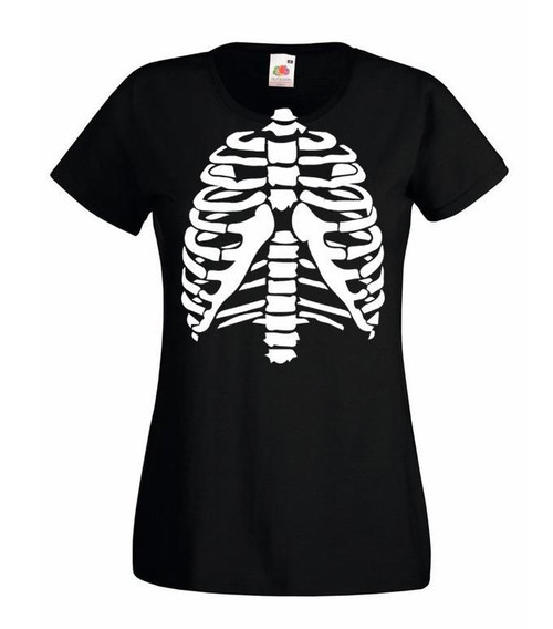 Womens Day of The Dead Skeleton Ribcage Halloween Lady Fit Black T-Shirt