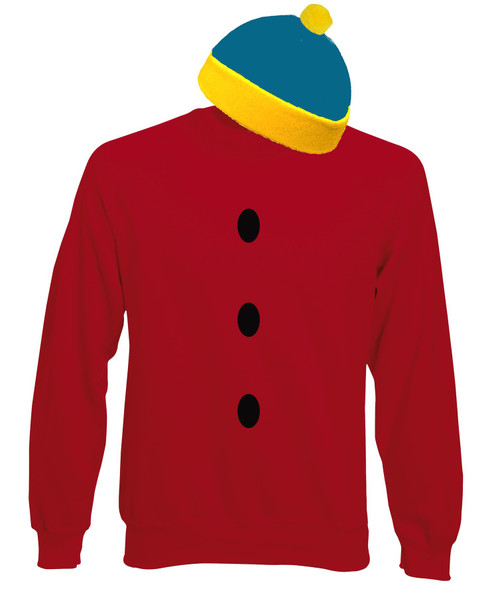 Adults Cartman Outfit Sweatshirt Blue & Yellow Hat Animation Fancy Dress