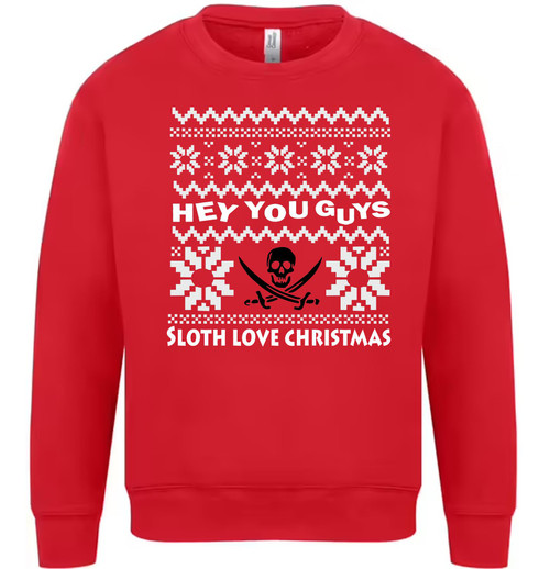 Adults Hey You Guys Sloth Loves Christmas 1980s Movie Festive Red Christmas Jumper
