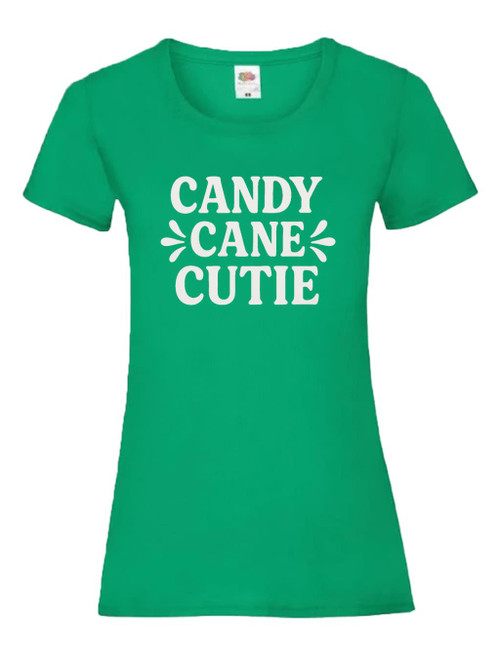 Womens Candy Cane Cutie Festive Green Elf Christmas Lady Fit T-Shirt