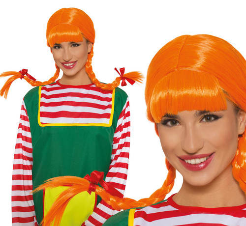 Adults Pippi Orange Plaited Wig World Book Day Fancy Dress Costume Accessory