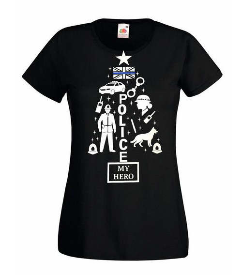 Womens Police My Hero Festive Christmas Tree Xmas Lady Fit Black T-Shirt