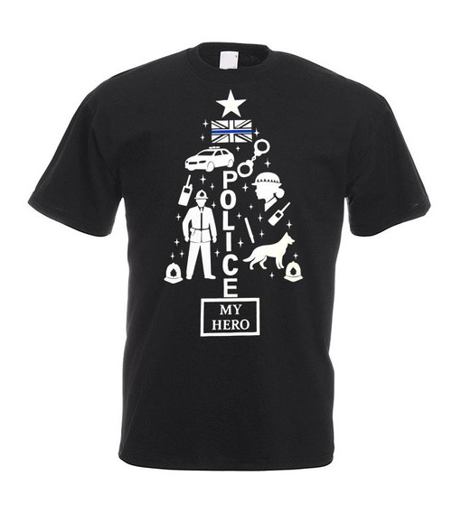 Adults Police My Hero Festive Christmas Tree Xmas Unisex Black T-Shirt