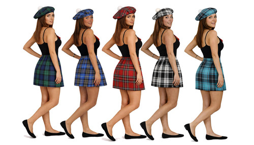 Adults Tartan Pub Golf Kilt Style 14" Mini Skirt & Tam Hat Sports Fancy Dress Costume Accessory