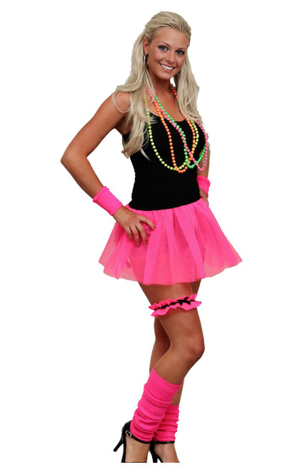 Adults 3 Piece Pleated Tutu Skirt Leg Warmers & Wrist Cuffs Neon UV 1980s Fancy Dress
