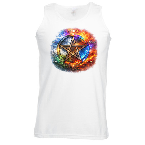 Adults Wicca Pentagram Witch Earth Air Spirit Water Fire Elements Unisex White Vest Top