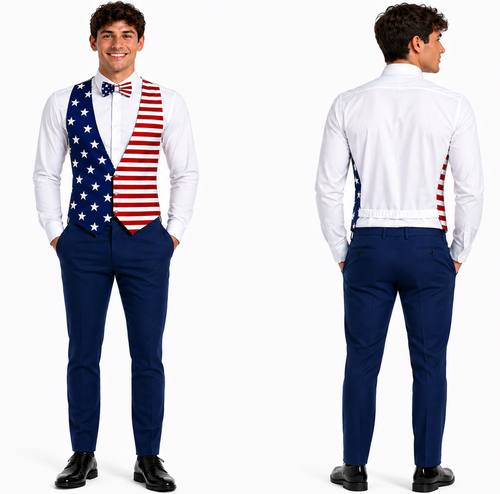 Adults USA American Independence Day 4th of July Stars & Stripes Bow Tie & Backless Waistcoat Fancy Dress