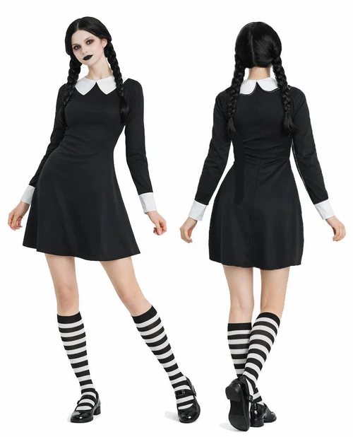 Adults Scary Daughter Wednesday Adams Halloween Movie Family Fancy Dress Costume