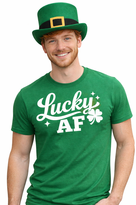 Adults Lucky AF St Patricks Day Ireland Unisex Green T-Shirt & Leprechaun Top Hat