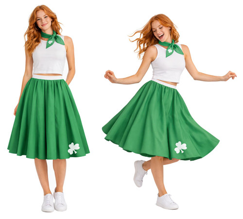 Adults 22" Length Irish Clover Rock & Roll Skirt & Neck Scarf St Patricks Day Fancy Dress [2 Sizes]