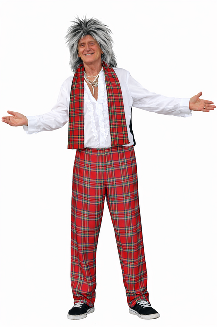 Adults Rock Stewart Tartan Pants Scarf & Wig Pop Songwriter Fancy Dress Costume