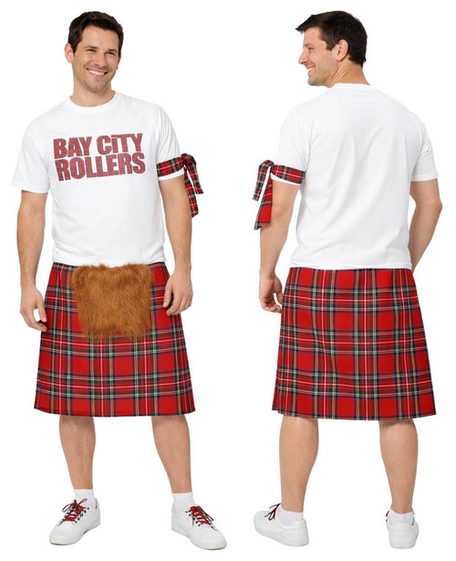 Adults Bay City Rollers T-Shirt & Red Tartan Kilt 1970s Rock & Pop Fancy Dress