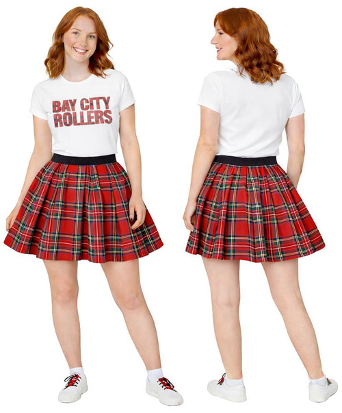 Womens Bay City Rollers T-Shirt & Red Tartan Skirt 1970s Rock & Pop Fancy Dress
