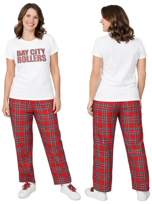 Womens Bay City Rollers T-Shirt & Red Tartan Trousers 1970s Rock & Pop Fancy Dress