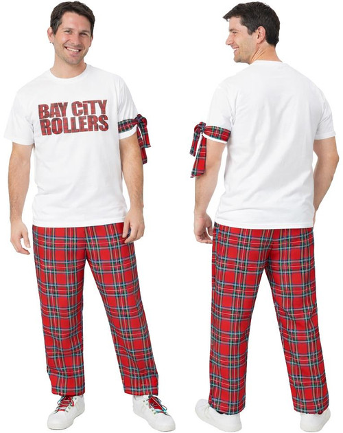 Adults Bay City Rollers T-Shirt & Red Tartan Trousers 1970s Rock & Pop Fancy Dress