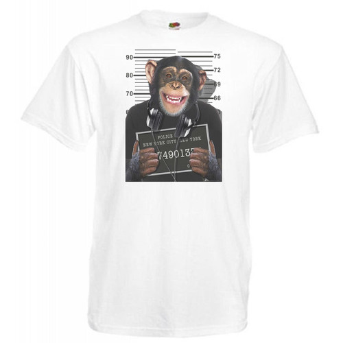 Adults New York Convict Bad Chimp Monkey Mug Shot Unisex White T-Shirt