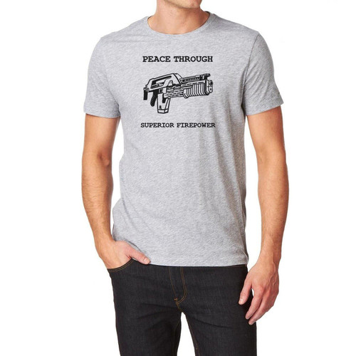 Adults Peace Through Superior Firepower Ricco Aliens Movie Unisex Grey T-Shirt