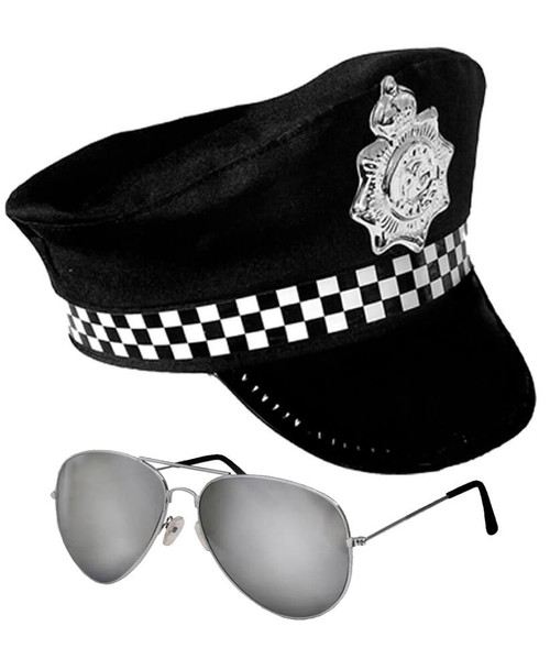 Adults Police Captain Sargeant Peaked Hat & Glasses Fancy Dress Kit