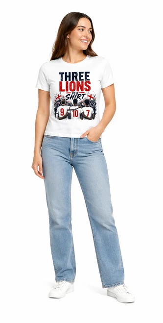Womens Three Lions On a Shirt England Supporter Sports Lady Fit White T-Shirt