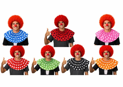 Adults Polka Dot Clown Ruff Collar Wig & Sponge Red Nose Circus Big Top Fancy Dress Accessory Kit