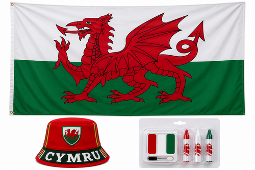 Adults Wales Bucket Hat 5ft x 3ft Flag & Face Paints St Davids Day Supporters Kit