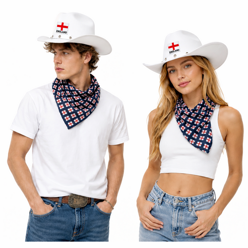 Adults England National Flag St George Cross Cowboy Hat & Neckerchief  St Georges Day Fancy Dress