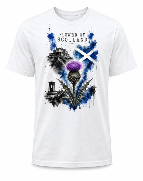 Adults Flower of Scotland Trash Water Colour Scottish Thistle Unisex White T-Shirt