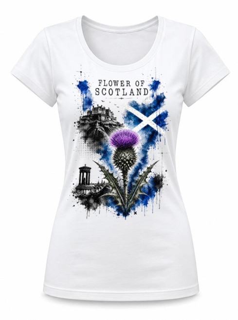 Women Flower of Scotland Trash Water Colour Scottish Thistle Lady Fit White T-Shirt