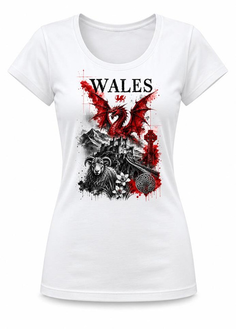 Womens Welsh Red Dragon Trash Water Colour Wales Flag Lady Fit White T-Shirt