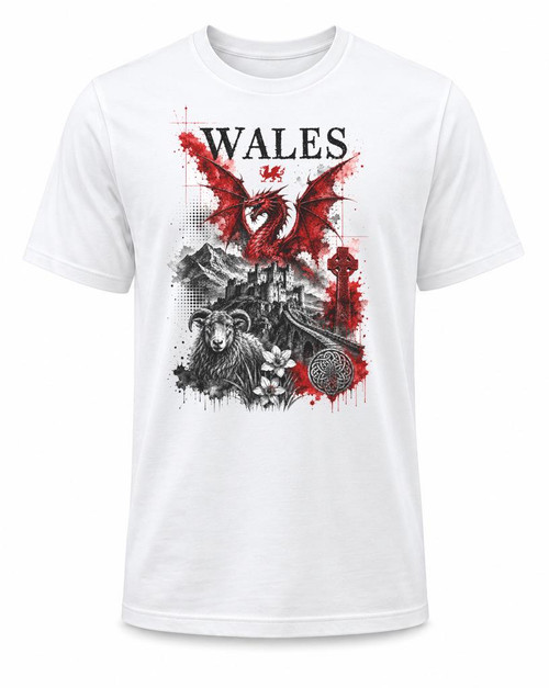 Adults Welsh Red Dragon Trash Water Colour Wales Flag Unisex White T-Shirt