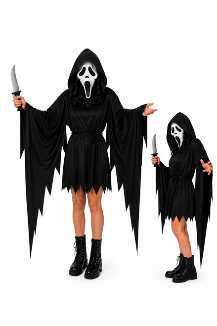Womens Screaming Movie Ghost Robes Belt & Face Mask Halloween Fancy Dress Costume