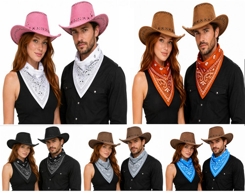 Adults Suedette Cowboy Hat & Wild Rag Neckerchief Wild West Western Fancy Dress