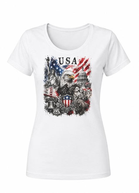 Womens United States of America Water Colour National Flag Lady Fit White T-Shirt