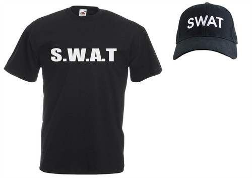 Adults S.W.A.T Police Riot Team Special Forces Squad Unisex Black T-Shirt & Cap