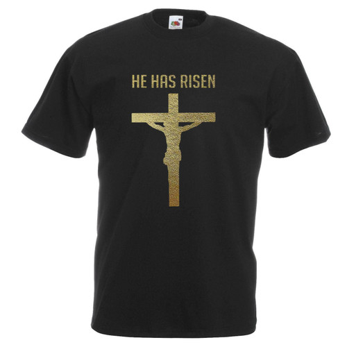 Adults He Has Risen Crucifix Jesus Christ Catholic Faith Unisex Black T-Shirt