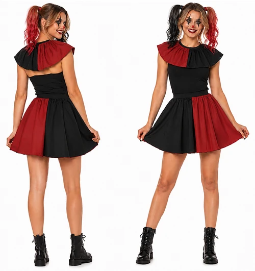 Adults Red & Black Harlequin Clown Skirt & Collar Halloween Sinister Circus Fancy Dress