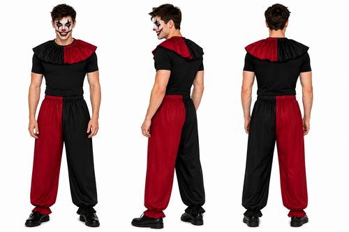 Adults Red & Black Harlequin Clown Pants & Collar Sinister Circus Halloween Fancy Dress