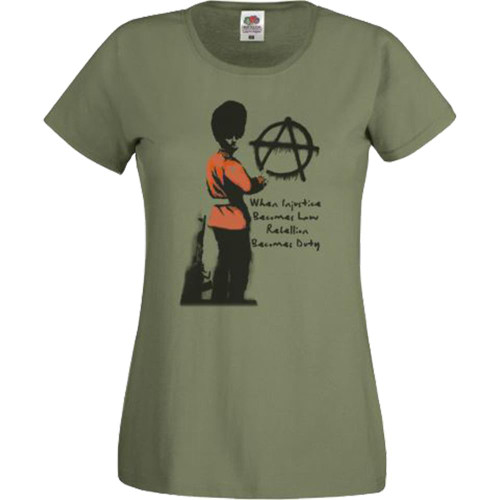 Womens Banksy Red Guard Anarchy Injustice Law Rebellion Duty Lady Fit Olive T-Shirt