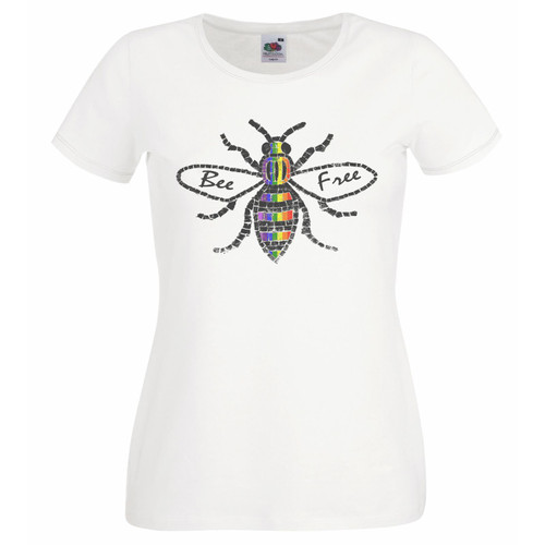Womens Bee Free Manchester Rainbow LGBTQ Gay Pride Lady Fit White T-Shirt