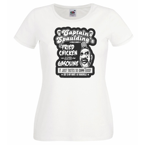 Womens Captain Spaulding Chicken Gasoline Tastes Good Lady Fit White T-Shirt