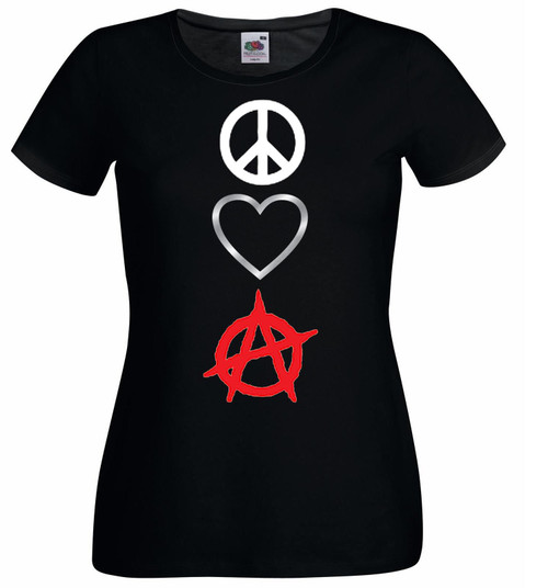 Womens Peace Love & Anarchy Punk Rebellion Lady Fit Black T-Shirt